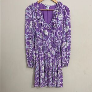 Haute Hippie Short Purple Floral Long Sleeve Smock Waist Dress size XS Easter